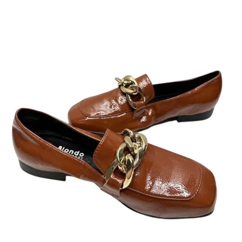 Blondo Loafers Size 5 Brown‎ Slip On Waterproof Block Heel Chain Detail NEW